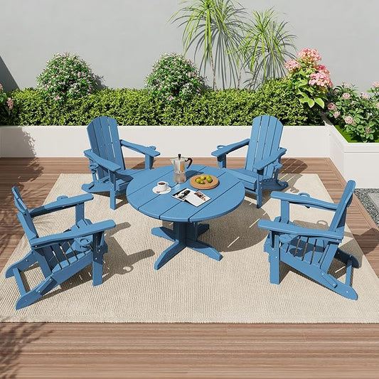 SERWALL Round Outdoor Coffee Table Set,Outdoor Round Coffee Table and Adirondack Chairs with Cup Holders Patio Furniture,Blue