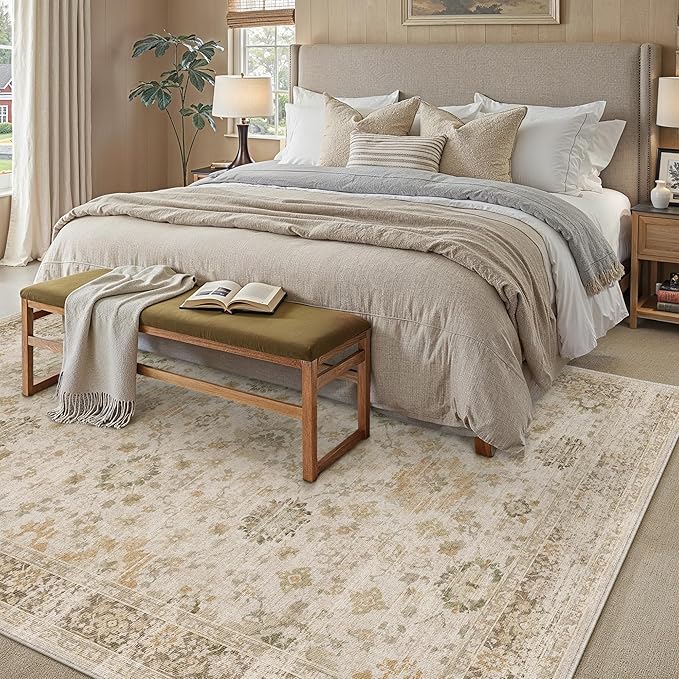Beige 6x9 Area Rug Non Slip Vintage Living Room Distressed Machine Washable Carpet Retro Indoor Bedroom Traditional Floral Accent Throw Rug for Office Kitchen Dorm Dining Room