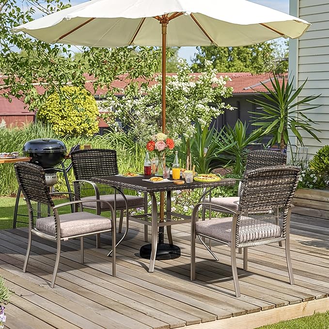 Pamapic 5-Piece Outdoor Furniture Set, Rattan Patio Dining Set with Weather-Resistant Iron Slats Table, 4 Stackable Chairs & Removable Cushions for Backyard, Deck, Garden (Grey)