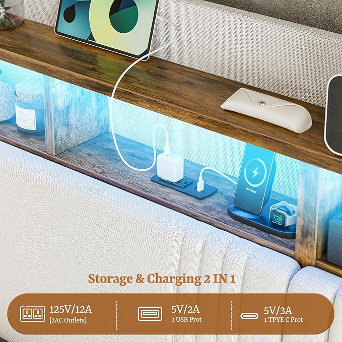 IKIFLY Twin XL Bed Frames with Hidden Storage Headboard & 4 Drawers, 49.2” Tall Upholstered Wingback Headboard with LED Lights and Charging Station, No Box Spring Needed, Solid Wood Slats, White