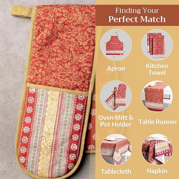 Maison d' Hermine Double Oven Mitt (7" x 35") 100% Cotton Heat Resistant BBQ Cooking Gloves with Loop for Thanksgiving Christmas Decorations Baking Cooking Barbeque Handling Hot Pan (Sofia)