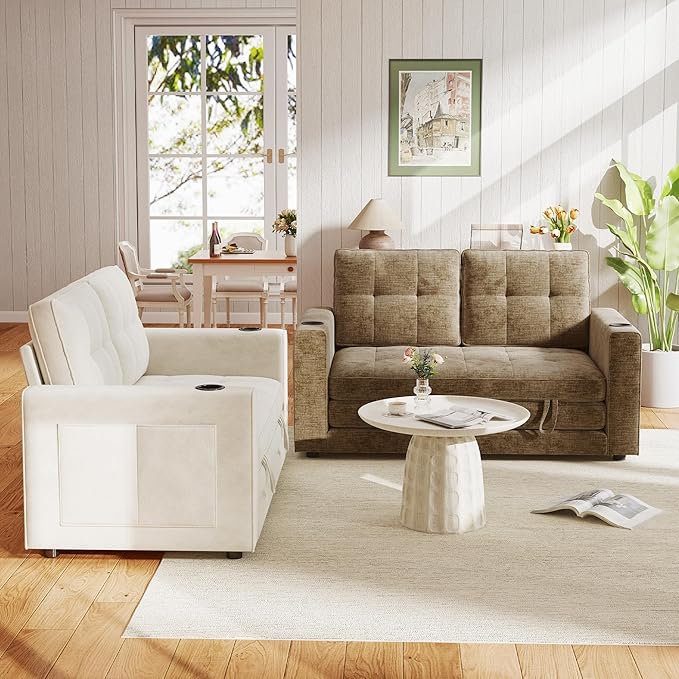 WorthFurni Convertible Sofa Bed, Folding Sofa Bed 2 in1 Pull Out Loveseat Sleeper Sofa, Floor Sofa Bed for Small Spaces Folding Couch Bed with Pillows for Living Room Bedroom - Brown