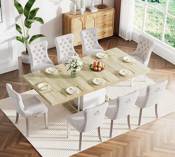 Goujxcy 78.7" Farmhouse Extendable Dining Room Table Set for 8, 9-Piece Rectangle Kitchen Dining Room Table Set with Wood Base and 8 Beige Velvet Dining Chairs, Extending Kitchen & Dining Table Set