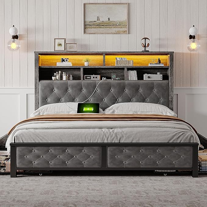 EnHomee Queen Bed Frame with Storage Headboard & 4 Drawers,Wooden Bed Frame Queen Size with Charging Station & LED Lights Upholstered,NO Noise,No Box Spring Needed,Gray