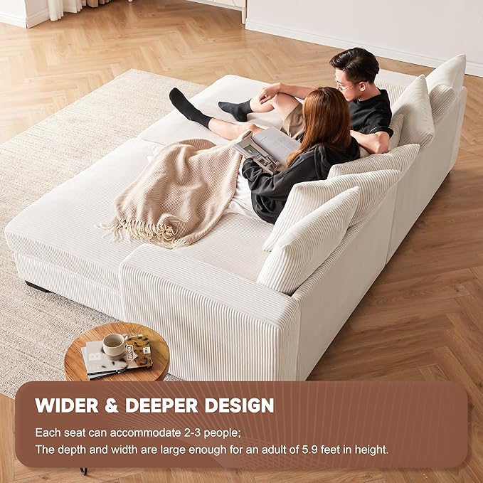 101.6" Deep Seat Corduroy Sectional Couches for Living Room, Comfy Upholstered Modular Sectional Sofa Bed, Cloud Couch with Thickened Cushions Widened Armrests,2 Seats + 2 Ottoman, Beige