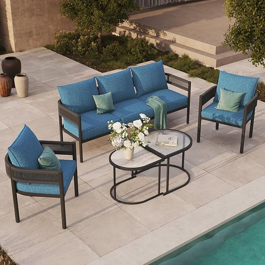 Grand patio 5-Piece Outdoor Furniture Set with 3-Seat Couch, Thick Cushions and Nesting Coffee Tables, Wicker Sofa Conversation Set for Backyard, Peacock Blue