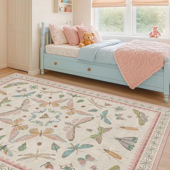 Butterfly Area Rugs 5x7 for Baby Nursery, Cute Light Pink Rugs for Bedroom Girls, Living Room, Kids Room Playroom Reading Corner, Washable Ultra Soft Stain Resistant Floral Floor Decor