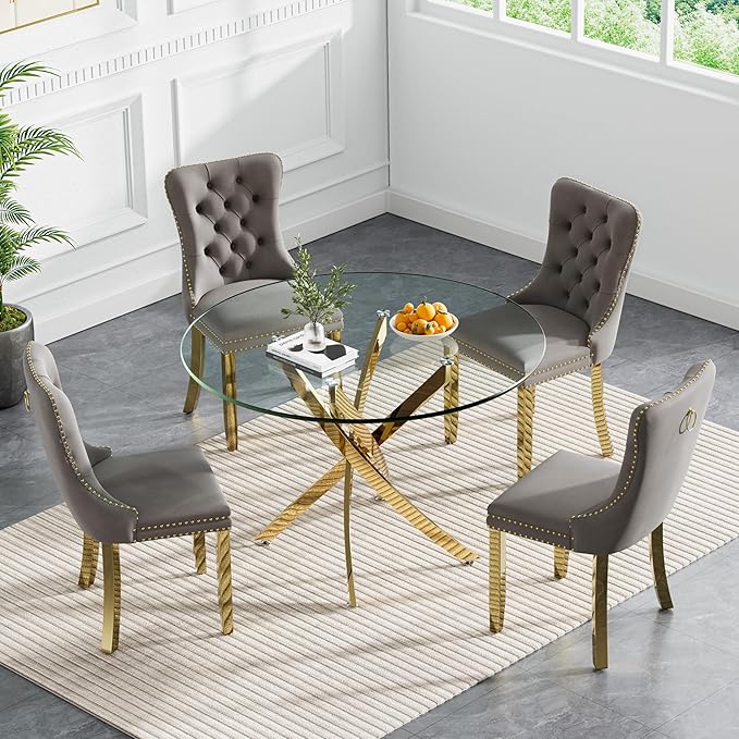 Goujxcy 5 Piece Round Glass Dining Table Set for 4, 36" Round Dining Table & Chair Set Modern Circle Glass Kitchen Table and 4 Velvet Upholstered Chairs for Kitchen Dining (Gold Table & Grey Chair)
