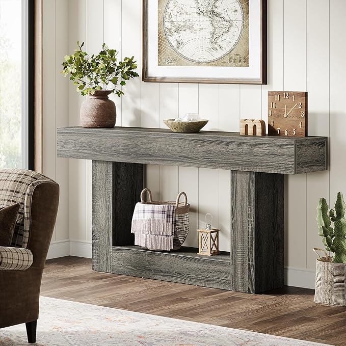 Tribesigns 63" Console Table, Farmhouse 2-Tier Entryway Table with U-Shaped Base, Narrow Long Wood Sofa Table Behind Couch Table for Living Room, Hallway, Foyer, Dark Gray