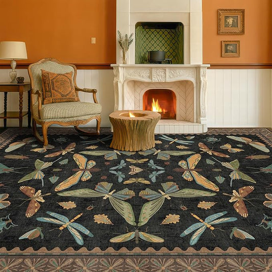 Dark 6x8 Insect Area Rug for Living Room - Vintage Washable Rugs for Dining Room Under Table, Low Pile & Soft Boho Bedroom Decor, Butterfly Non Slip Foldable Carpet