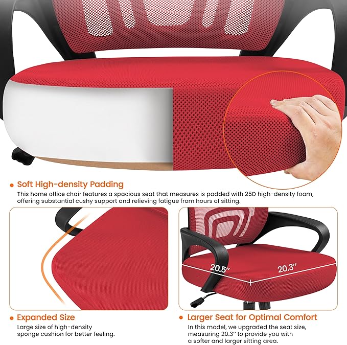 Yaheetech Red Modern Ergonomic Office Chair, Mid Back Mesh Task Chair with Lumbar Support, Adjustable Height, Rolling Swivel, 300lb Capacity