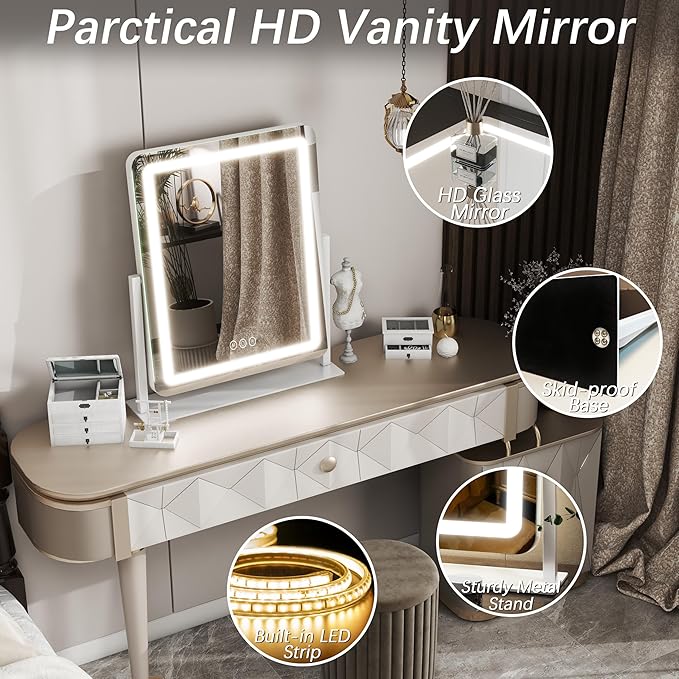 FENNIO Vanity Mirror with Lights 22 Inch- LED Lighted Makeup Mirror,Large Makeup Mirror with Lights,Touch Screen with 3-Color Lighting,Led Mirror Makeup,Dimmable(White)