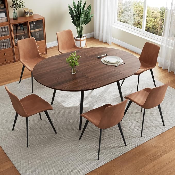 43.3"-59.1" Extendable Round Dining Table Set for 6, Mid Century Modern Wooden Round Table, Leisure Coffee Table,w/ 6 PU Leather Chairs