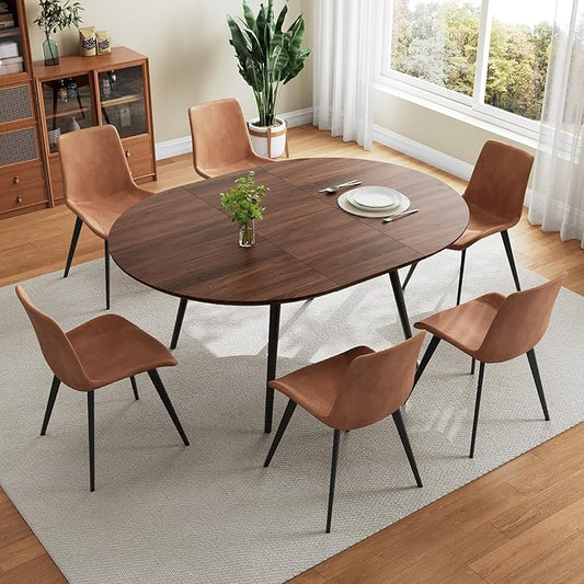 43.3"-59.1" Extendable Round Dining Table Set for 6, Mid Century Modern Wooden Round Table, Leisure Coffee Table,w/ 6 PU Leather Chairs