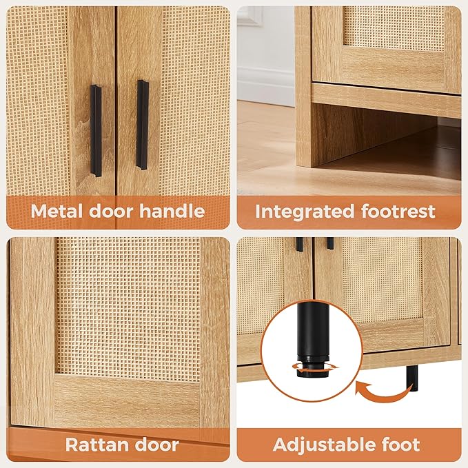 Mericonia Rattan Buffet Cabinet with Storage, Sideboard Cabinet with Doors and Adjustable Shelves, Farmhouse Coffee Bar Station Table, Modern Wood Cupboard for Kitchen, Livingroom and Dining Room