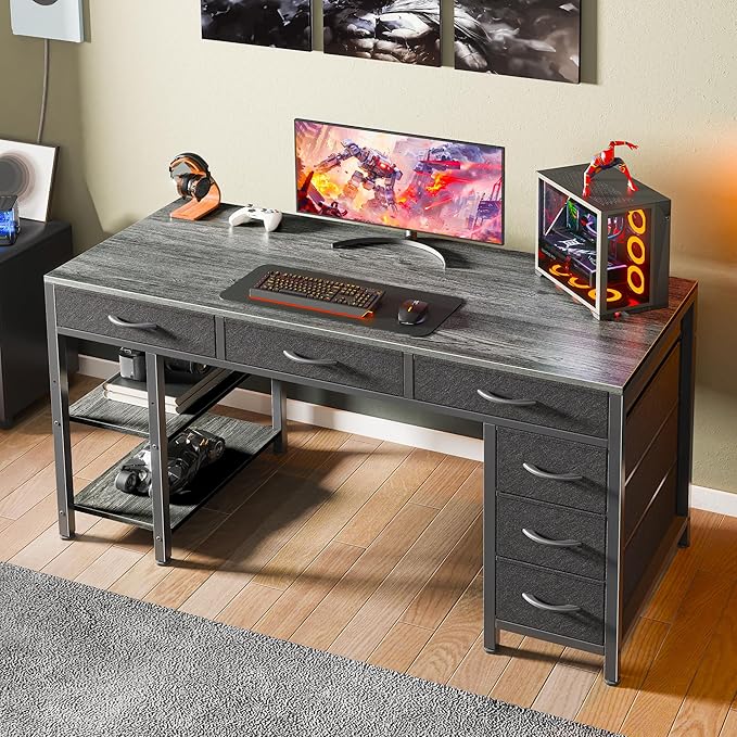 Huuger Computer Desk with 6 Drawers, 47 Inch Office Desk with Shelves, Reversible Gaming Desk, Corner Desk with Storage, for Home Office Study, Living Room, Gray