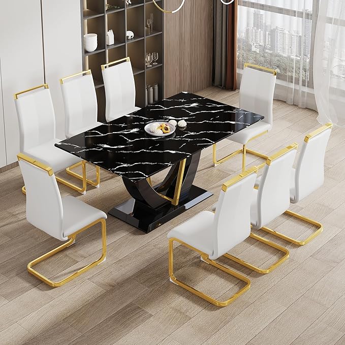 71" Dining Table Set for 8, Black Faux Marble Dining Room Table Set for 8, Large Rectangular Kitchen Table Set and PU Leather Chairs,Tempered Glass Glossy Table with Golden Leg