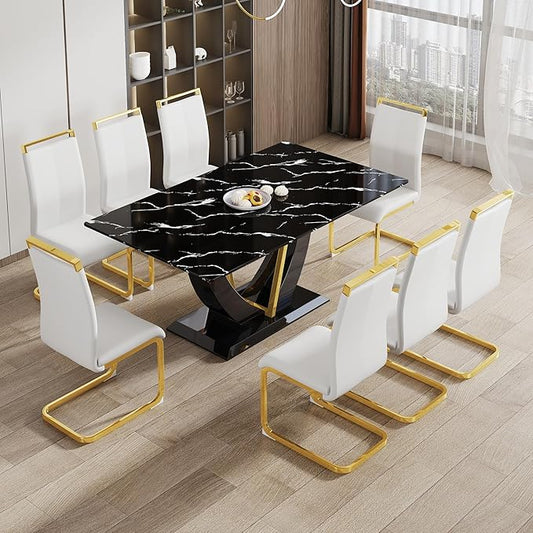 71" Dining Table Set for 8, Black Faux Marble Dining Room Table Set for 8, Large Rectangular Kitchen Table Set and PU Leather Chairs,Tempered Glass Glossy Table with Golden Leg