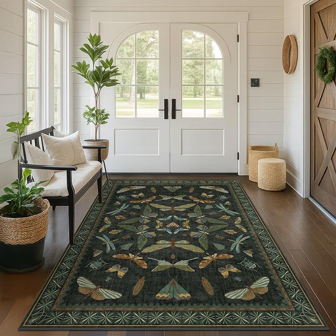 Dark Green Area Rugs 5x7 for Living Room - Fairy Fantasy Moss Rugs for Dining Room Table, Bedroom, Whimsical Insect Boho Moth Décor, Washable Non Skid Soft Carpet