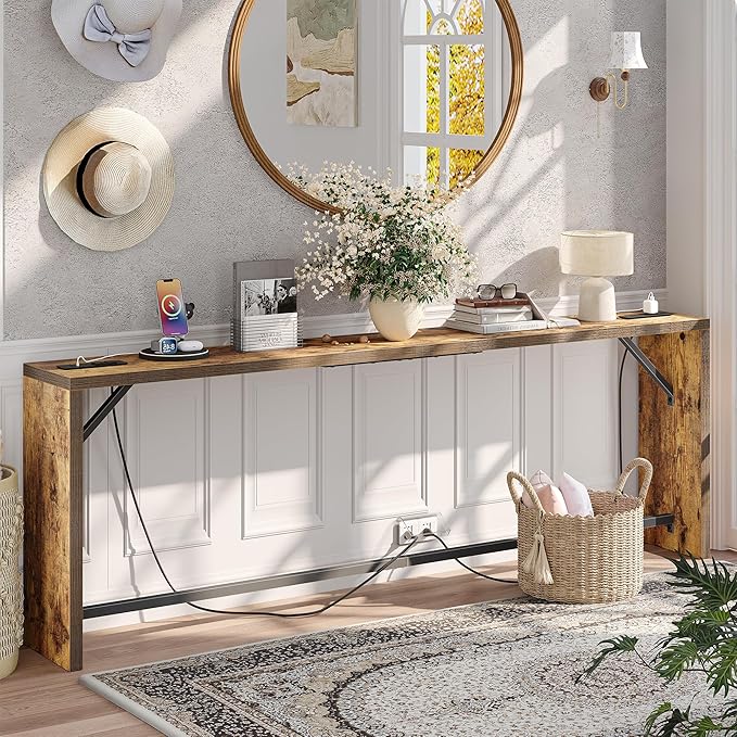 TIQLAB Sofa Table, 79''L x 9.1''W (1.2'' Thickness) Long Console Table Behind Couch, Entryway Table with Angled Metal Frame, Industrial Console Table, Rustic Brown