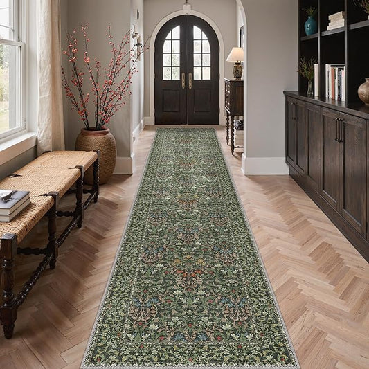 GENIMO Floral Washable Runner Rug 2’6”x12’, Non-Slip Long Hallway Carpet for Entryway, Kitchen, Indoor Floor Use, Vintage Boho Soft Thin Rug Décor, Emerald Green