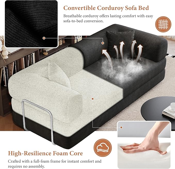 Boneless Couch Sectional Sofa,Convertible Sofa Bed with Sleeper Sofa,Futon Floor Couch Folding Sofas for Living Room,Bedroom,Apartment (Black, 78.8''W)