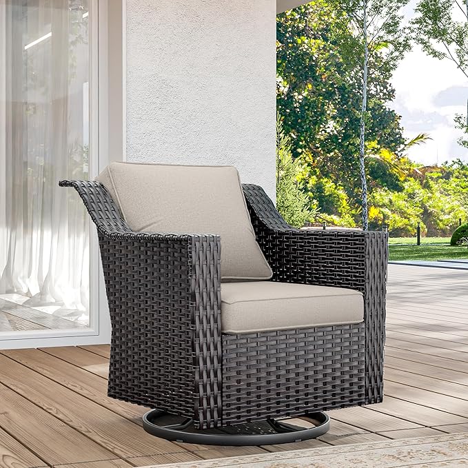 Wicker Patio Swivel Chairs, Outdoor Rocking Chair with Wide Armrest, Thickened Cushions, Patio Rattan Furniture for Deck, Porch Use
