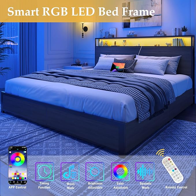 Lifezone King Bed Frame with 2-Tier Storage Headboard, Metal Platform Bed Frame with 4 Storage Drawers, Built in Charging Station & LED, Noise-Free/Metal Support/No Box Spring Needed, Rustic Grey