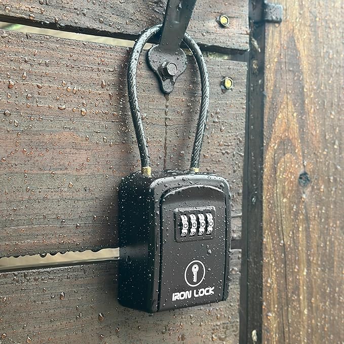 Iron Lock® Key Lock Box Portable with Cable Shackle – Small Waterproof Heavy-Duty Metal Safe with 4-Digit Combination for Spare Keys Outside on Door Knob, Fence, Pipe or Gate (Black, Small)