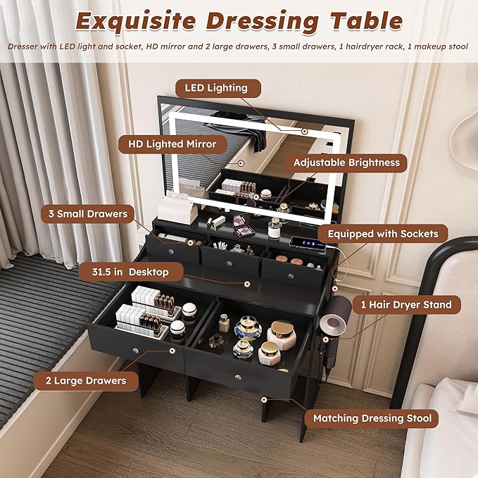 Ball & Cast Vanity Desk with Large Mirror & Power Outlet,3 Dimmable Colors Light Makeup Vanity Table Set with 5 Drawers & Chair,Adjustable Brightness Dressing Table for Women Girls Bedroom,Black