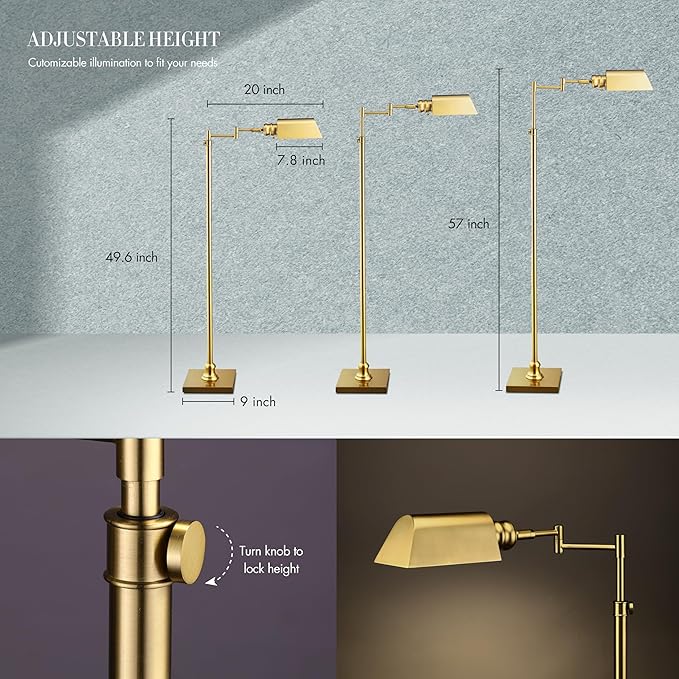 O’Bright Arcadia - Pharmacy Floor Lamp, Full Range Dimming, Swing Arm Task Lamp, E26 Socket, Bulb Replaceable, Adjustable Height 47” to 55”, 360° Rotatable Shade, All-Metal Design, Antique Brass