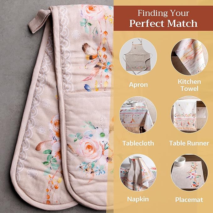 Maison d' Hermine Double Oven Mitts 100% Cotton 7"x35" Double Oven Mitt Heat Resistant BBQ Cooking Gloves with Loop, Baking, Grilling, Home, Kitchen, Handling Hot Pans Spring Summer (Ibiza - Beige)