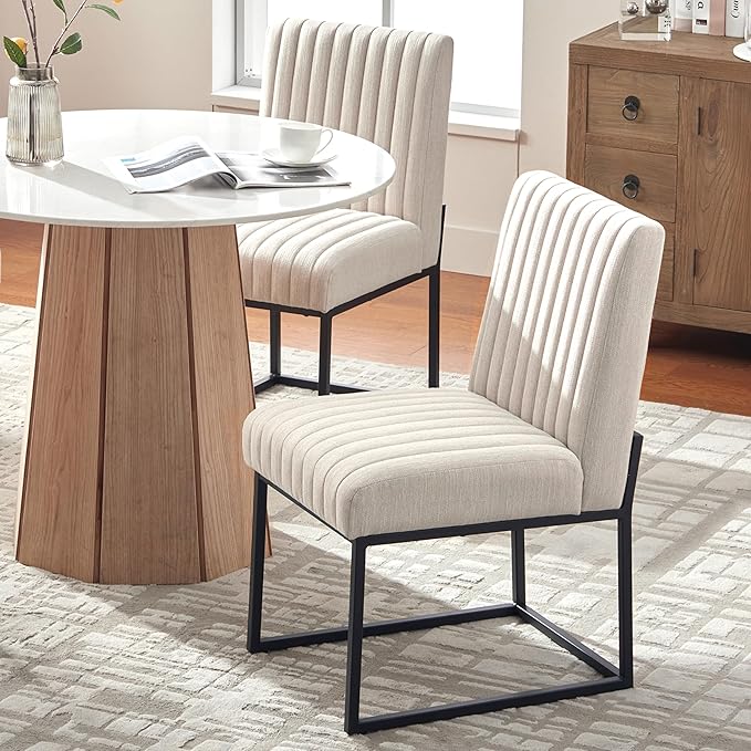 VKNOW Upholstered Dining Chairs, Modern Dining Room Chairs with Stripe, Linen Kitchen Chair Dinner Chair with Black Metal Base for Kitchen Office, Beige
