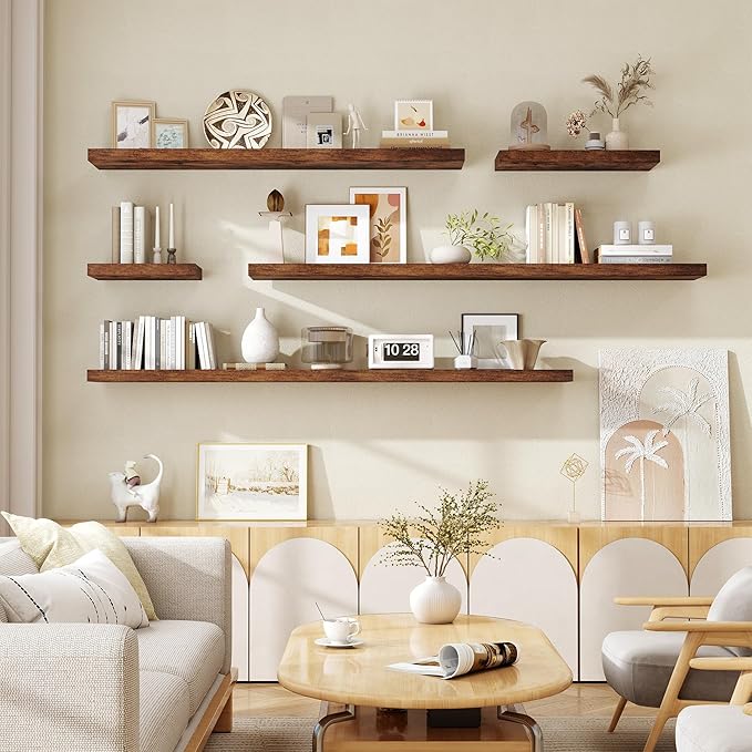 Fun Memories 55 Inch Floating Shelves for Wall, Fireplace Mantel Shelf with Invisible Heavy Duty Bracket, 8 Inch Deep Storage Shelf for Living Room, Kitchen, Farmhouse, Brown (2-Pack)