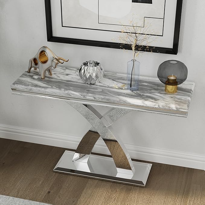 AUZ 2 Pieces Silver Living Room Table Set, Coffee Table and Console Table with X-Shape Design Polished Stainless Steel Frame