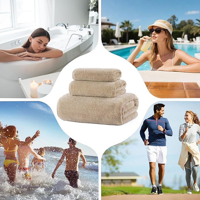 Ring Spun Terry Microfiber Bath Towel Set, 3 Piece, Oversize, Quick Dry, Lint Free, Includes Bath, face, and Hand Towels (Beige)