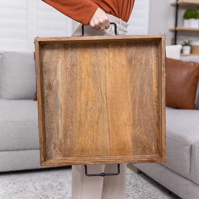 20"x20" Extra Large Square Ottoman Tray, Heavy Duty Mango Wood, for Serving Tea, Breakfast in Bed, Living Room Large Coffee Table Tray Rustic with Farmhouse Style, Decorative Handles and Accent Strap