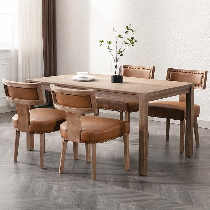 Mid Century Modern Dining Chairs Set of 4, Farmhouse Dining Chairs with Nailhead Trim, Faux Leather Upholstered Dining Room Chairs Kitchen Chairs with Wood Legs, Brown