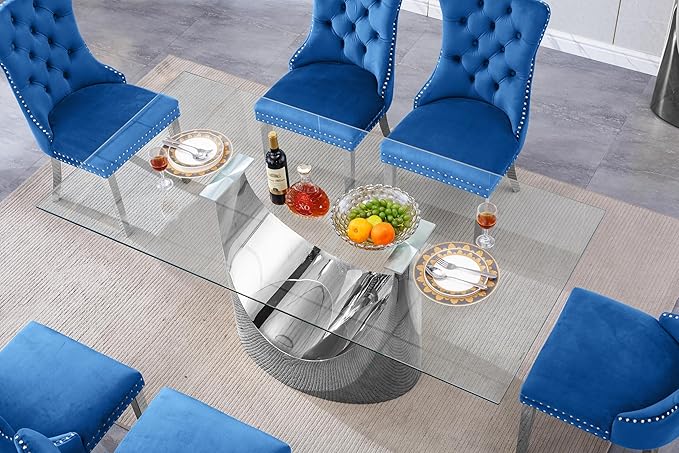 HomVent Modern Rectangle Glass Dining Table, 70''L x 35.4''W x 30''H, Silver With U Base, Clear Tempered Glass Top, Stainless Steel Base