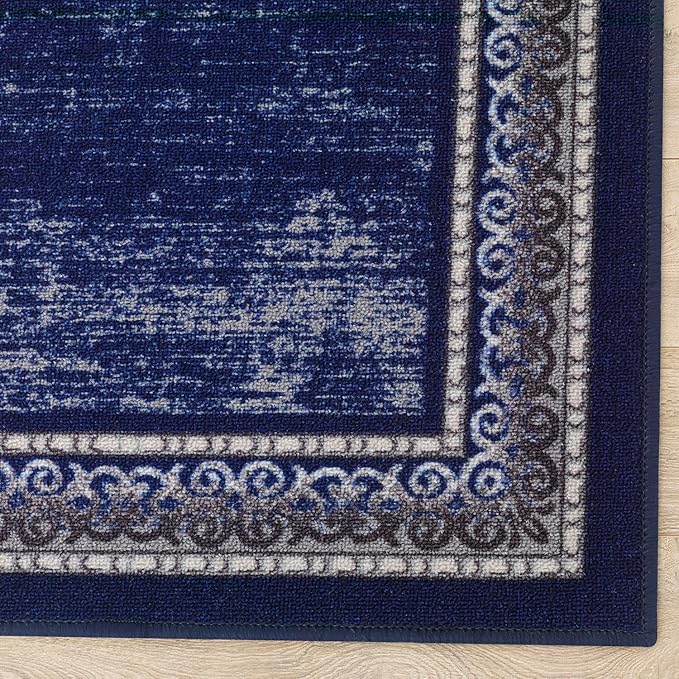 Antep Rugs Alfombras Bordered Modern 2x4 Non-Slip (Non-Skid) Low Pile Rubber Backing Kitchen Area Rug (Navy, 2'3" x 4')