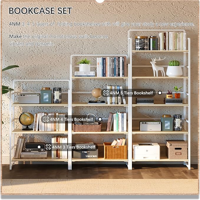 4NM No Assembly 5 Tiers Folding Bookshelf Storage Shelves Vintage Bookcase Standing Racks Study Organizer Home Office (Natural White)