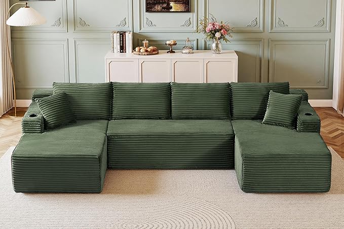 133" Couches for Living Room Deep-Seat Sectional Couch for Living Room Corduroy Boneless Couchs U-Shape Cloud Couch Flexible Modular Sectional Sofa with Chaise Lounge (Green, with Cup Holder)