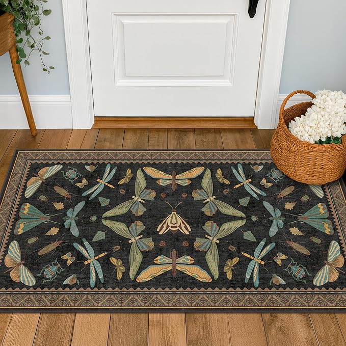 Small Black Entryway Runner Rug - 2x4 Front Door Rug Indoor Entrance, Small Waterproof Carpet for Kitchen Floor, Bathroom, Powder Room, Washable Low Pile Non Slip, Insect Print Multi Color Home Décor