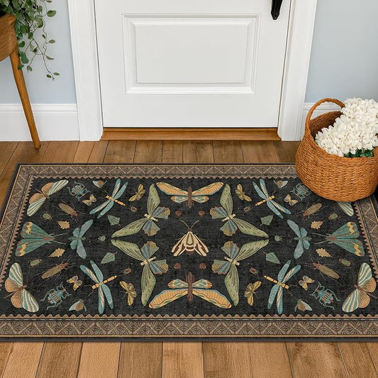 Small Black Entryway Runner Rug - 2x4 Front Door Rug Indoor Entrance, Small Waterproof Carpet for Kitchen Floor, Bathroom, Powder Room, Washable Low Pile Non Slip, Insect Print Multi Color Home Décor