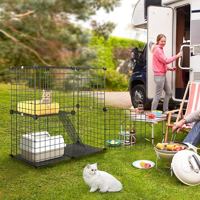 YITAHOME 2 Tier Cat Cage Indoor, Kitten Kennel Condo DIY Pet Playpen with Ladder for Small Animals Puppy Rabbit Bunny Squirrel