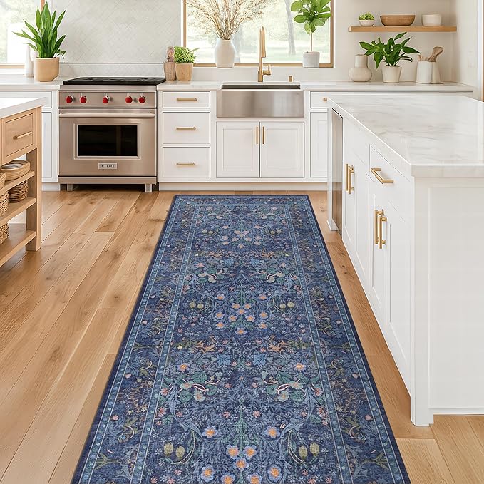 Dark Blue 3x12 Extra Long Wide Runner Rug for Hallway, Non Slip Washable, 12 ft Large Kitchen Floor Rugs for Indoor Entrance, Low Pile Stain Resistant Vintage Floral Carpet