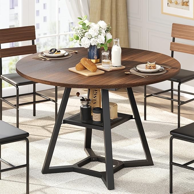 Round Dining Table for 4, Kitchen Tables Dining Room Circle Dinner Table with Pedestal Metal Frame, Space Saving Wood Industrial Kitchen & Dining Room Tables, Walnut 47In