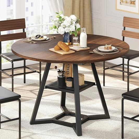 Round Dining Table for 4, Kitchen Tables Dining Room Circle Dinner Table with Pedestal Metal Frame, Space Saving Wood Industrial Kitchen & Dining Room Tables, Walnut 47In