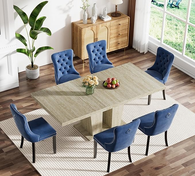 Goujxcy 7-Piece Extendable Dining Table Set for 6, 63-78 Inch Faux Travetine Kitchen Table Set with 6 Blue Upholstered Chairs Modern Wood Expandable Dining Room Table Set for Kitchen Apartment