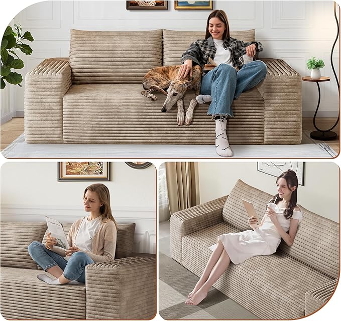 71" Corduroy Loveseat Sofa, 3-Seater Cloud Couch, Boneless Couch in a Box, Comfy Deep Seat Sofa with Memory Foam, Pillows and Wide Armrests, Modern Small Couches for Small Spaces, No Assembly (Camel)